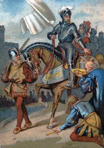 Rückeroberung von Calais von den Engländern durch den Herzog von Guise im Jahr 1558. Chromolithographie aus der Serie "Patriotische Erziehung durch Bild". von French School
