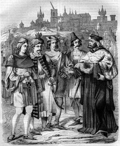 Rektor und Studenten verschiedener Nationen an der Universität Prag im 17. Jahrhundert. Gravur von 1852