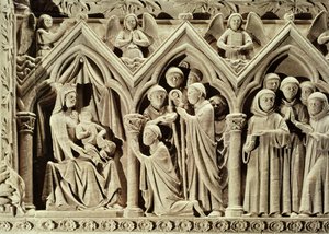 Relief, das die Präsentation der Mönche an die Jungfrau durch St. Etienne von Aubazine darstellt, vom Grab von St. Etienne von French School