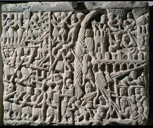 Relief, das die Belagerung von Carcassonne durch Simon de Montfort im Jahr 1209 darstellt von French School