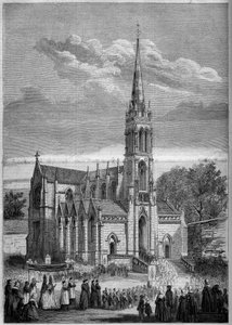 Religiöse Architektur: Gesamtansicht der Kirche von Monfort le Retrou (heute Montfort le Gesnois in der Sarthe (72), am Tag ihrer Einweihung 1858. Nach einer Skizze von Herrn Moulin. Gravur in „Le Monde Illustré“ Nr. 77 vom 2. Oktober 1858.