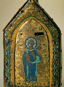 Reliquienschrein mit Szenen aus dem Leben der hl. Valeria, Limoges, ca. 1175 (Holz, Kupfer & Cloisonné-Email, graviert & vergoldet)