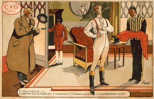 Reporter interviewt einen sich anziehenden Herrn (Chromolitho)