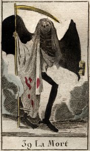 Darstellung des Todes, Skelett in Schwarz gekleidet und geflügelt, er hält eine große Sense. Aus „Mythologie de la jeunesse“ von Pierre Blanchard 1803.