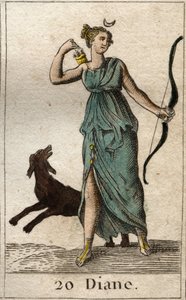 Darstellung von Diana, Göttin der Jagd, sie hält einen Bogen und Pfeile. Aus „Mythologie der Jugend“ von Pierre Blanchard 1803. von French School