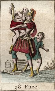 Darstellung von Äneas während der Flucht aus dem von den Griechen eingenommenen Troja, seinen Vater Anchises auf den Schultern tragend, gefolgt von seinem Sohn Ascanius als Kind. von French School