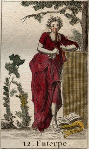 Darstellung von Euterpe, Muse der Musik, umgeben von Musikbüchern und spielend auf einer Doppelflöte (Aulos). Aus „Mythologie der Jugend“ von Pierre Blanchard 1803