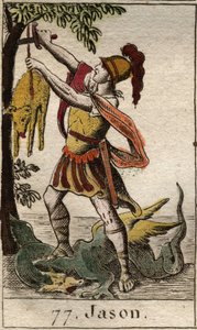 Darstellung von Jason, der das Goldene Vlies zurückholt, nach dem Triumph über den schlafenden Drachen, der das Goldene Vlies bewachte. Aus „Mythologie der Jugend“ von Pierre Blanchard 1803. von French School
