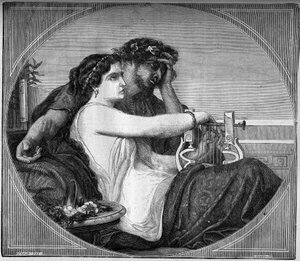 Darstellung von Lesbie (Lesbia) und Catull (87 - 54 v. Chr.) lateinischer Dichter: Der Dichter widmete viele Gedichte der jungen Prostituierten, in die er verliebt war. Gravur in „Die Geschichte der Prostitution und Ausschweifung unter allen Völkern der We