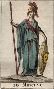 Darstellung von Minerva, Göttin der Künste, des Krieges und der Wissenschaft. Sie trägt eine Rüstung. Aus „Mythologie de la jeunesse“ von Pierre Blanchard 1803. von French School