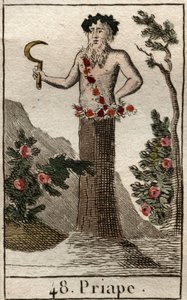 Darstellung von Priapus, Gott der Fruchtbarkeit, oft dargestellt mit einem permanent erigierten Penis, er hält eine Sichel. Aus „Mythologie der Jugend“ von Pierre Blanchard 1803. von French School