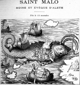 Darstellung von Saint Malo (Saint Maclou) auf dem Rücken eines Wals, dargestellt nach der Art von Saint Brendan (Brandan) von Clonfert oder Breanainn von Clonfert (ca. 484-577/578) - Stich von French School