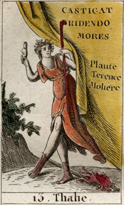 Darstellung von Thalia, Muse der Komödie und idyllischen Poesie, gekrönt mit Efeu, trägt Stiefel, hält eine Komödienmaske in der Hand und einen Hirtenstab. Aus „Mythologie der Jugend“ von Pierre Blanchard 1803
