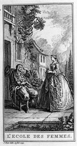 Darstellung einer Szene aus dem Stück "Die Schule der Frauen" (1662) von Jean Baptiste Poquelin dit Moliere (1622-1673). Gravur von 1739. von French School