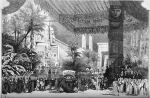 Aufführung einer Oper: „Aida“ von Giuseppe Verdi (1813-1901). Allee der Sphinxen an den Toren von Theben (2. Bild, 2. Akt). Dekor von Lavastre Young (Jean Baptiste Lavastre)