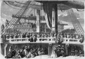 Darstellung einer Oper: Dekor des 3. Akts von „Die Afrikanerin“, basierend auf einem Libretto von Eugene Scribe und Musik von Giacomo Meyerbeer. Episode des Angelus singt auf dem Schiff. 1865. Gravur in „Le Monde Illustré“ Nr. 420 vom 2.