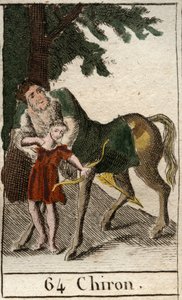 Darstellung des Zentauren Chiron, halb Mensch halb Pferd, Meister der Bogenschießkunst, er lehrt diese Kunst Achilles. Aus „Mythologie der Jugend“ von Pierre Blanchard 1803. von French School