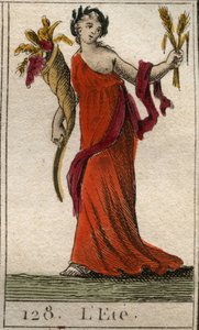 Darstellung der Sommerzeit als Ceres, die einen Kranz aus Weizen und ein Füllhorn hält. Aus „Mythologie der Jugend“ von Pierre Blanchard 1803. von French School