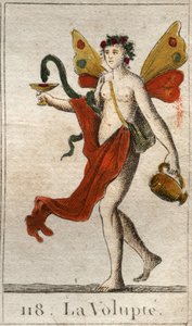 Darstellung der Volupté, nackte Frau mit Rosen gekrönt, sie hält einen Becher oder eine Schlange zieht einen köstlichen Likör. Aus „Mythologie de la jeunesse“ von Pierre Blanchard 1803. von French School