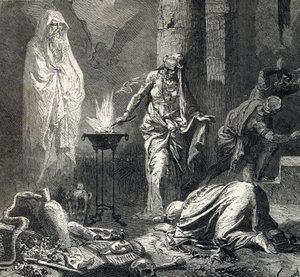 Darstellung der Hexe von Endor (oder Pythonisse von Endor), ein kanaanitisches Dorf, das im ersten Buch Samuel (Bibel) erwähnt wird, das einen Talisman hat, mit dem sie den Geist des kürzlich verstorbenen Propheten Samuel auf Wunsch von Saul, König von Isr von French School