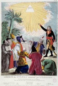 Darstellung der Religionsfreiheit aller Religionen, aufrechterhalten von Napoleon Bonaparte: der erste Konsul zeigt das Dreieck der Dreifaltigkeit, das Gott symbolisiert, vertreten durch die Vertreter jeder Religion: katholischer Bischof, ein Jude, ein Quä von French School