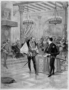 Theateraufführung: Szene des IV. Aktes von „Henri III et sa cour“ von Alexandre Dumas (1802-1870) an der Comédie-Française in Paris von French School