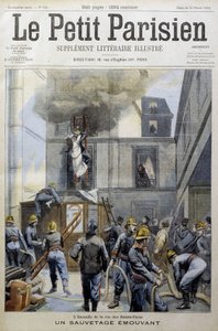 Rettung während eines Feuers durch die Feuerwehr: eine bewegende Rettung - in "Le petit Parisien" von French School