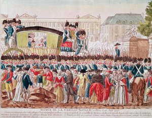 Rückkehr der französischen Königsfamilie nach Paris, 25. Juni 1791, die Gruppe überquert den Place de la Concorde (Gravur) von French School
