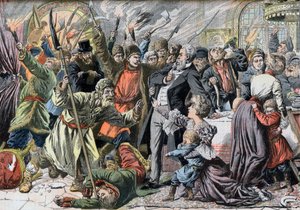 Revolution von 1905 - Aufständische russische Bauern stürmen ein Landhaus. Illustration für Le Petit Journal, 2. April 1905