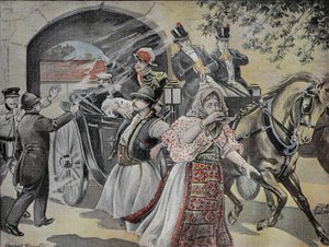 Revolverangriff auf Milan Obrenovich (1854-1901) ehemaliger König von Serbien (1882 bis 1889) am 7. Juli 1899 in den Straßen von Sofia. Gravur in „Le Pèlerin“ 23.07.1899 von French School