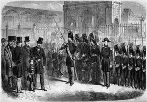 Revue der Schüler der kaiserlichen Garde durch den kaiserlichen Prinzen Napoleon Eugene Louis Jean Joseph Bonaparte (1856-1879), Sohn von Napoleon III, 15. Februar von French School