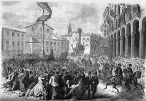 Risorgimento - Annexion Venetiens an Italien - 1866: Einzug des italienischen Königs Vittorio Emanuele II. (1820-1878) in Rovigo. Gravur in 