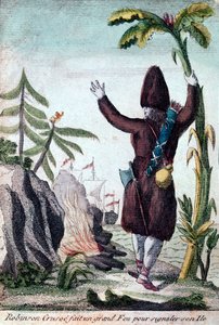Robinson Crusoe macht ein Feuer, um auf seine Insel aufmerksam zu machen, Imagerie Basset (Farbgravur)