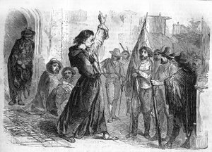 Romanserie: „Erinnerungen an Joseph Garibaldi“ von Alexandre Dumas (1802-1870). Ugo Bassi (1800-1849) hält eine Ansprache, um die Bevölkerung zur Teilnahme am Risorgimento 1848 zu ermutigen. Gravur in „Les bons romans“ von French School