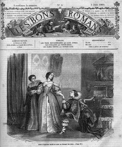 Romanserie: „Die drei Musketiere“ von Alexandre Dumas père. Anne von Österreich überreicht dem Herzog von Buckingham eine Schachtel mit ihren Diamantspangen. Illustration von Kapitel XII. Gravur in „Les bons romans“ von French School