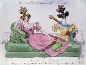 Romantische Mode: Schloss-Toilette. Zwei Frauen mit extravaganten Frisuren auf einem Kanapee. Gravur des 19. Jahrhunderts. Paris, Musée Carnavalet