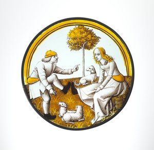 Rundel mit Paar beim Quintain-Spiel, ca. 1500 (Glas, Glasmalerei und Silberstich)