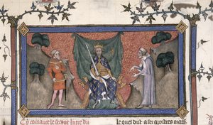 König Karl V. (1337-80) von Frankreich thront mit Krone, Schwert und Zepter zwischen einem Ritter und einem Schreiber von French School