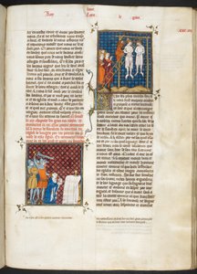Royal MS 16 G. VI, f.306r, Mord an Charles, Graf von Flandern gehängt (Louis VI, Buch 20), aus Les Grandes Chroniques de France von French School