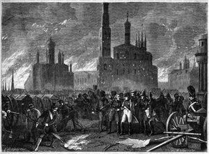 Russlandfeldzug 1812 - General Jean Ambroise Baston de Lariboisiere drängt Napoleon, den Kreml wegen Explosionsgefahr zu verlassen - Moskauer Brand 1812 - General Lariboisiere zwingt Napoleon, den Kreml zu verlassen, droht mit einer gewaltigen Explosion von French School