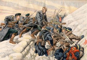 Russisch-Japanischer Krieg - Kämpfe in den Schützengräben bei Port Arthur, Russisch-Japanischer Krieg. Der heldenhafte Tod des russischen Leutnants Alexander - In den Schützengräben von Port Arthur. Heldentod des russischen Leutnants Alexander. Illustratio von French School