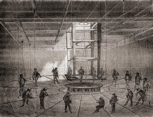 Matrosen und Arbeiter wickeln das transatlantische Telegraphenkabel in den Bilgetanks der S.S. Great Eastern auf