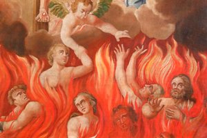 Kirche Saint-Nicolas de Veroce. Jüngstes Gericht: die Hölle. Eine Gruppe der Geretteten. Malerei. Frankreich.