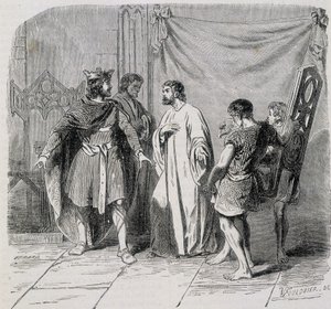 Saint Eloi und Dagobert: Dagobert war erstaunt, als Eloi ihm den zweiten Sessel vorstellte - Gravur 19. Jahrhundert von French School