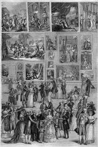 Salon de 1787: Ansicht des Salon Carré im Louvre während der Gemäldeausstellung in Paris. Gravur von Martini in „The Picturesque Store“