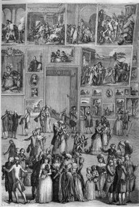 Salon de 1787: Ansicht des Salon Carré im Louvre während der Gemäldeausstellung in Paris. Gravur von Martini in „The Picturesque Store“