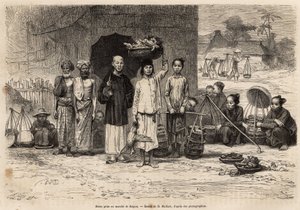 Marktszene in Saigon, Gravur nach einer Zeichnung von D. Maillard, die die Reise nach Cochinchina von Doktor Morice in 1872 illustriert, veröffentlicht in "Le tour du monde" 1875, herausgegeben von Edouard Charton, Hachette-Ausgabe, Paris. Selva-Sammlung von French School