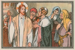 Szene aus dem Leben Jesu (farbige Gravur)