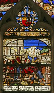 Szene aus dem Leben des hl. Rochus: Oben sind die Wappen der Familie Le Tartier von French School