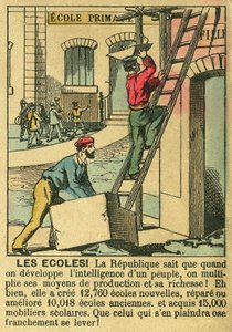 Schulen, die die Vorteile der Dritten Republik für die Entwicklung der Bildung in den Schulen veranschaulichen. Gravur in „Le Figaro, Supplement“, am 30.03.1889, Paris. Sammlung Selva.